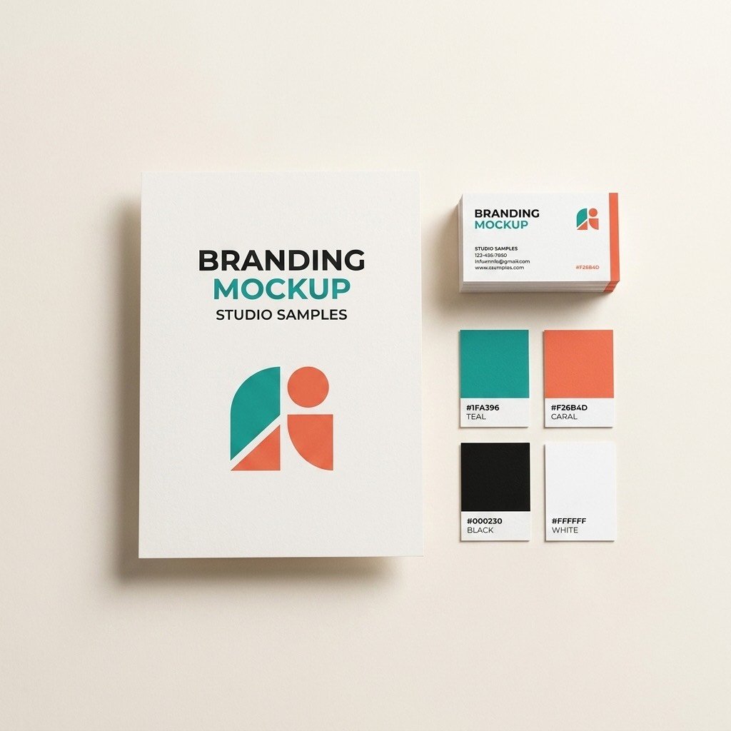 Studio design samples — logo mark, business cards and teal, coral, black color chips