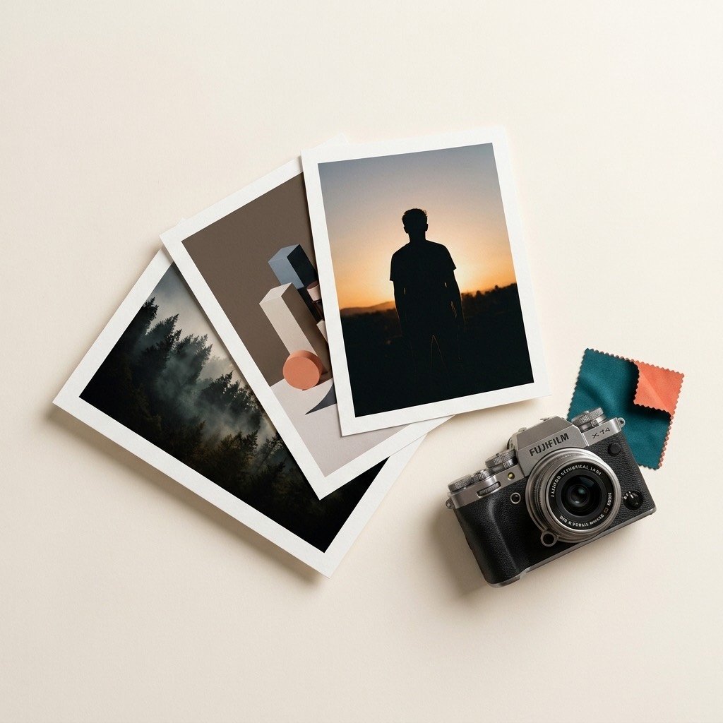Camera with printed landscape and portrait photographs fanned across a table