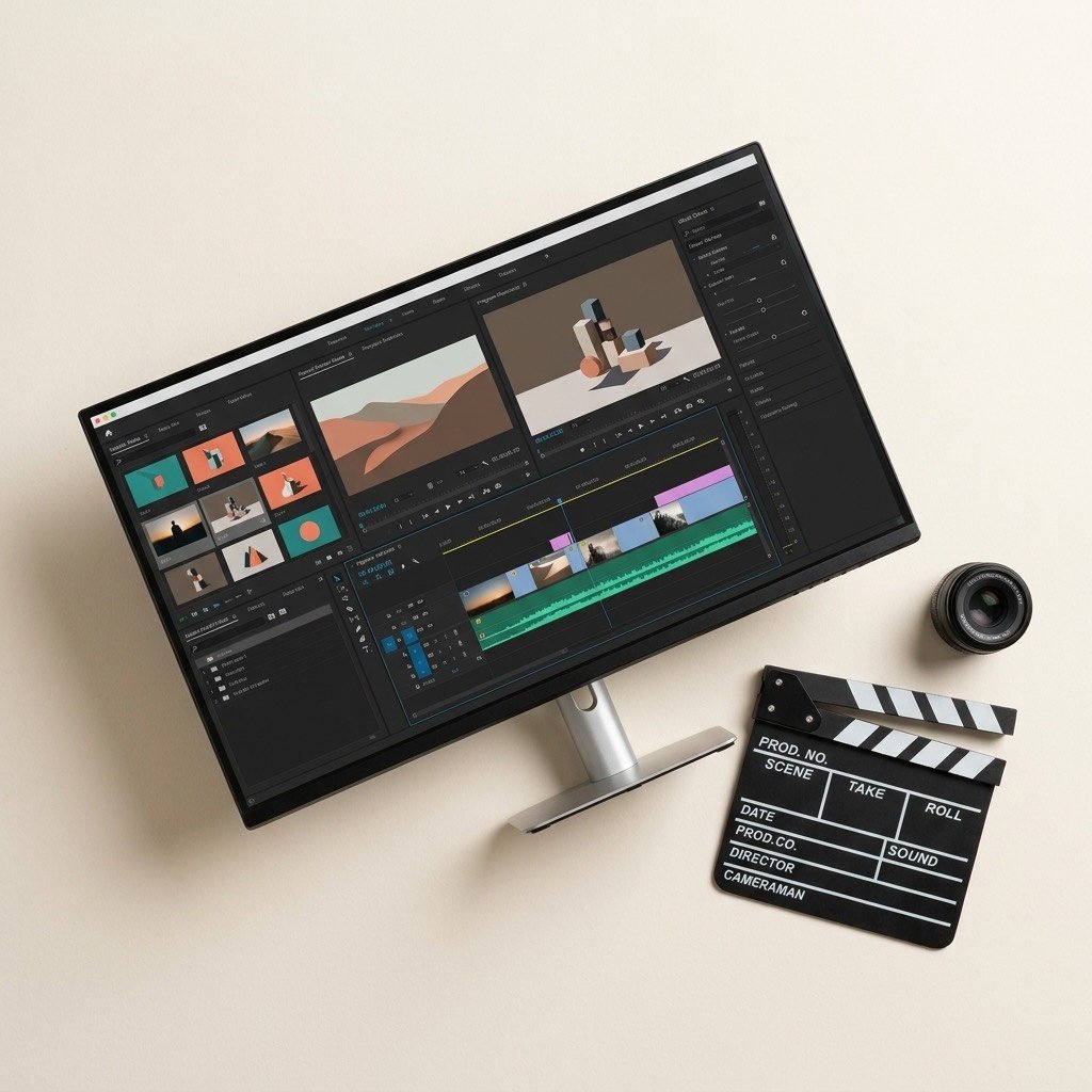 Video editing suite with timeline on screen, clapperboard and cinema lens