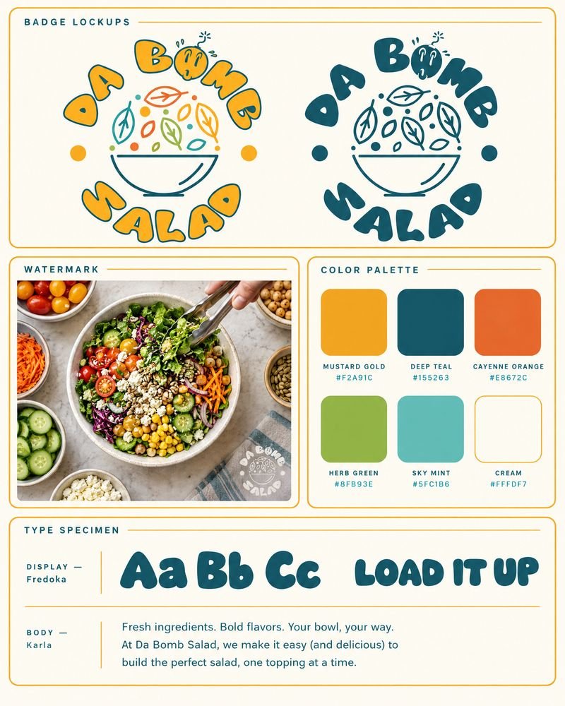 Da Bomb Salad brand board — colour and one-colour badge lockups, watermark on a salad photo, six-colour palette and Fredoka / Karla type specimen