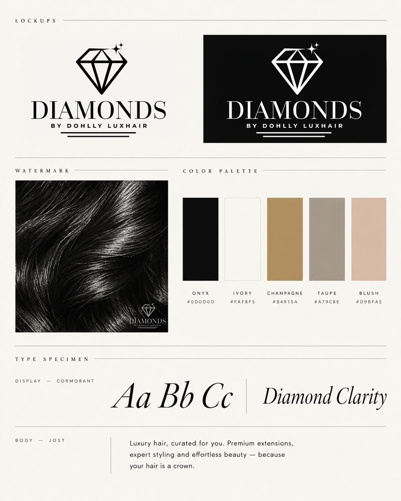 Diamonds by Dohlly Luxhair brand board — diamond mark on light and black, watermark on hair, onyx, ivory, champagne, taupe and blush palette, Cormorant / Jost type specimen