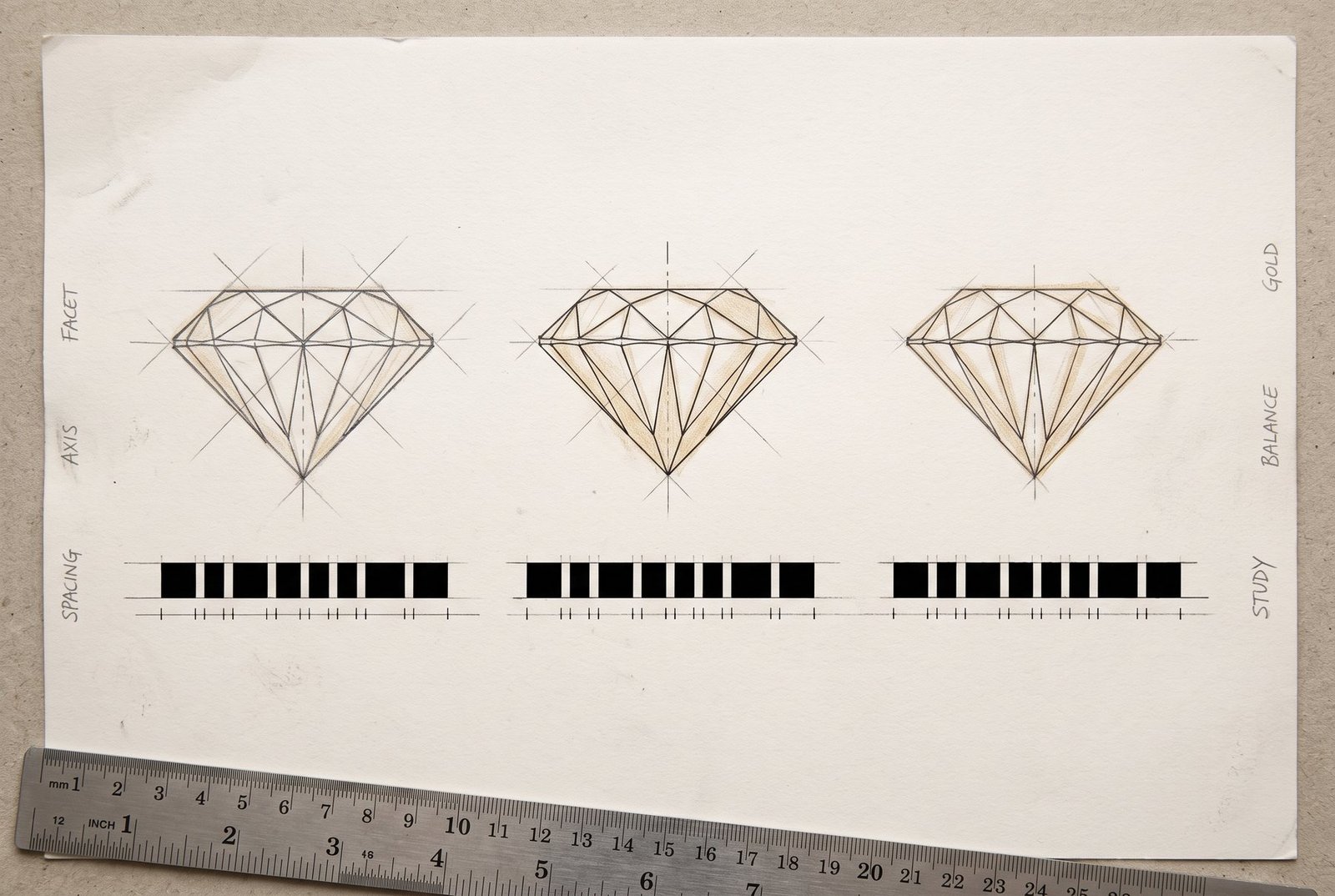 Concept sketch sheet: faceted diamond symbol studies with ruled construction guides and symmetry axes, over baseline studies with the wordmark blocked in as solid bars