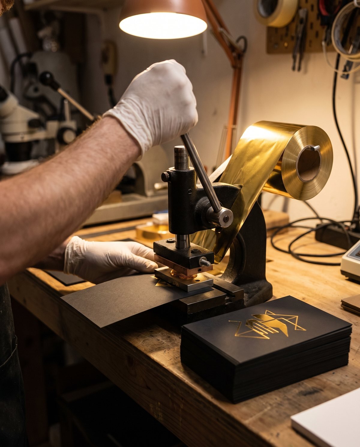 Concept visual: a hot-foil press stamping gold foil onto a matte black card on a workbench