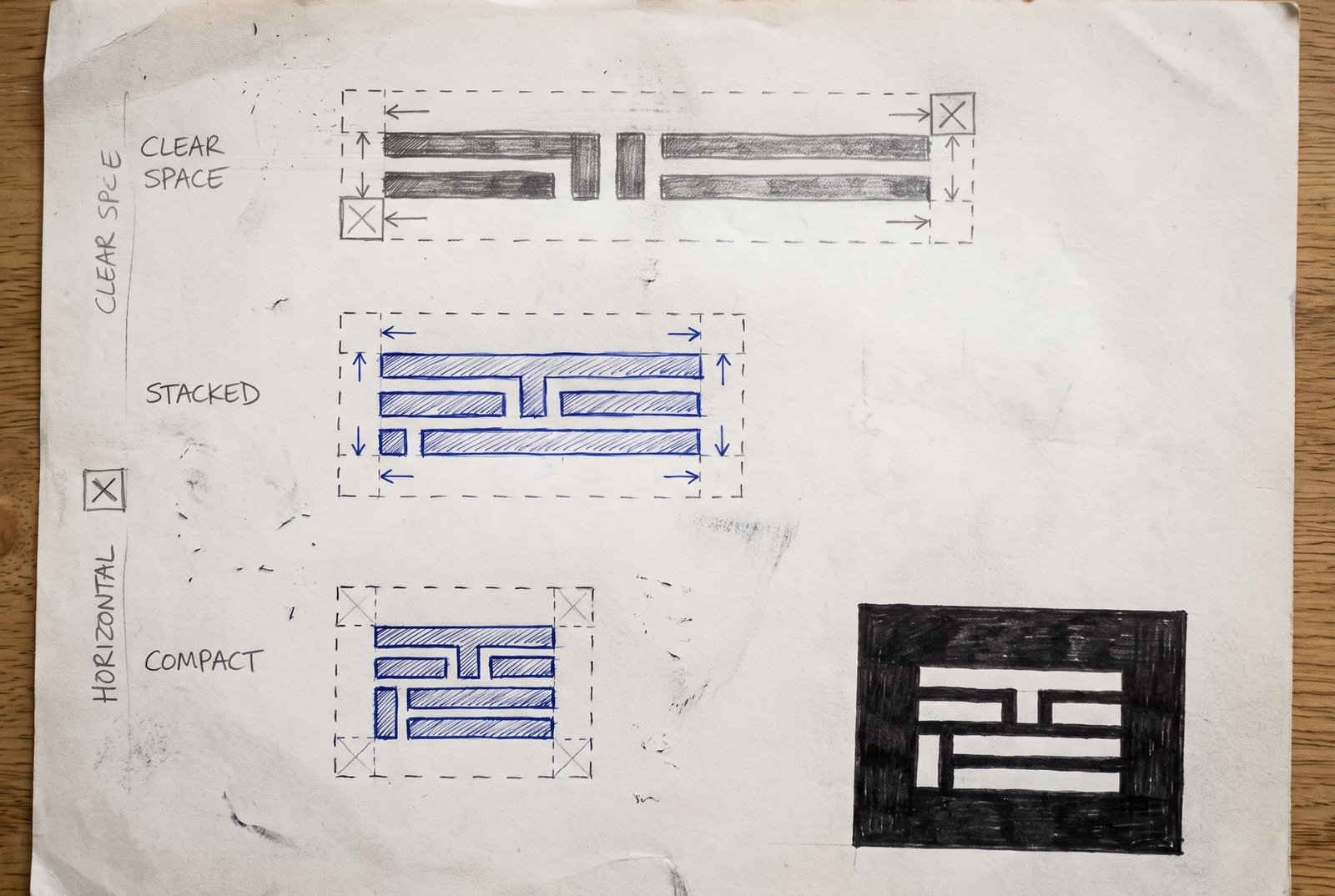Concept sketch sheet: horizontal, stacked and compact lockup arrangements with the wordmark blocked in as solid bars, each inside a dashed clear-space rectangle with measurement arrows