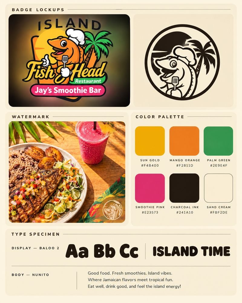 Island Fish Head Restaurant and Jay's Smoothie Bar brand board — full-colour mascot badge and one-colour roundel, watermark on a food photo, six-colour palette and Baloo 2 / Nunito specimen