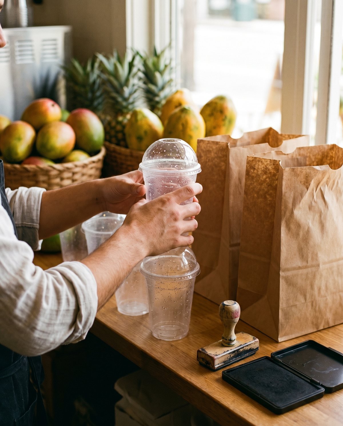 Concept visual: smoothie cups, lids and kraft takeaway bags being stacked and stamped at a service counter