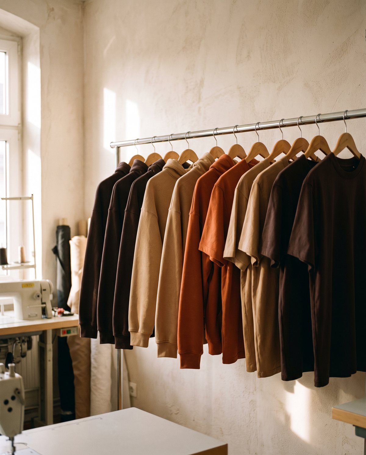 Concept visual: a rail of hooded sweatshirts and t-shirts in espresso, sand and burnt orange in a workshop studio