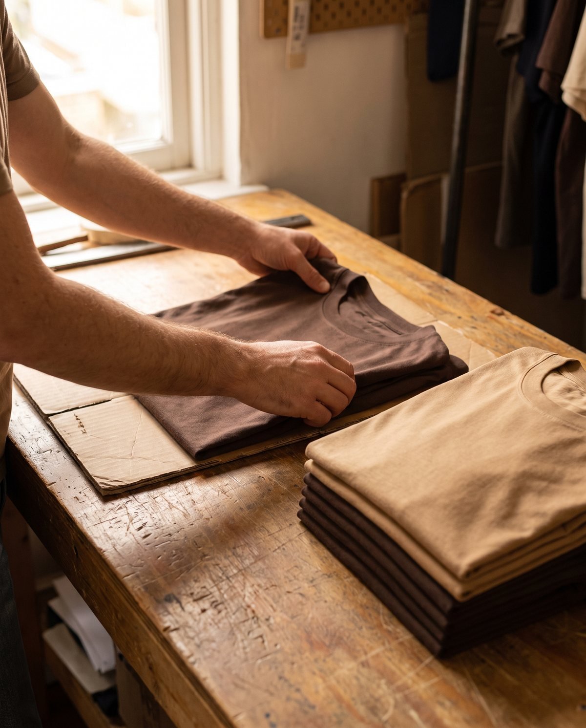 Concept visual: hands folding a finished brown t-shirt beside a stack of folded sand and brown garments