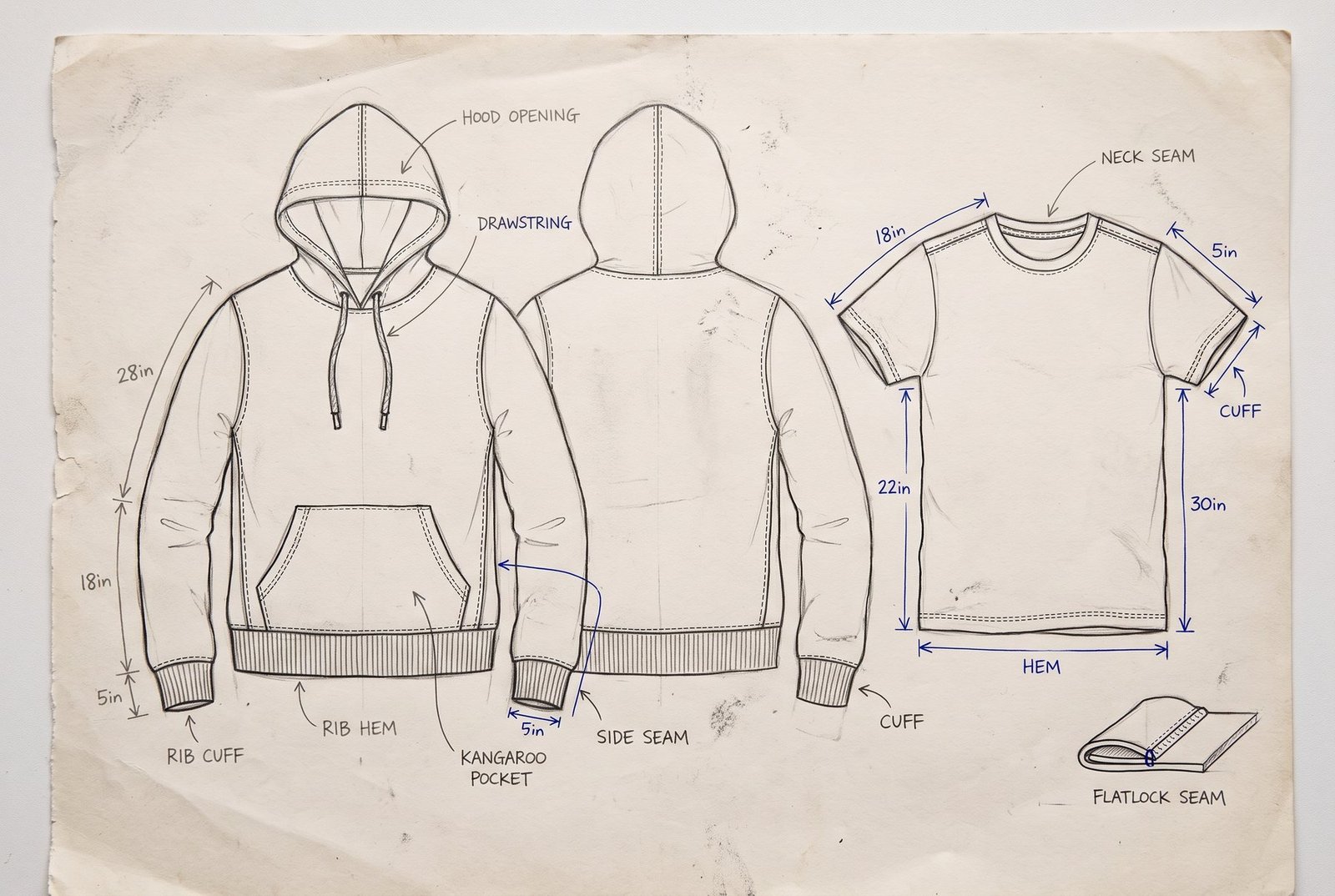 Concept sketch sheet: technical flats of a hoodie front and back and a t-shirt, with seam, cuff, hem and pocket annotations and measurements