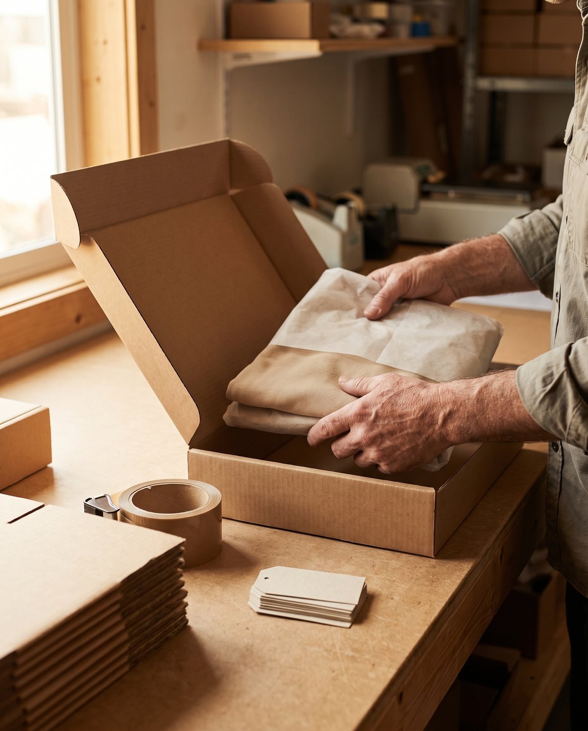 Concept visual: hands placing a tissue-wrapped garment into a plain kraft mailer box on a packing bench