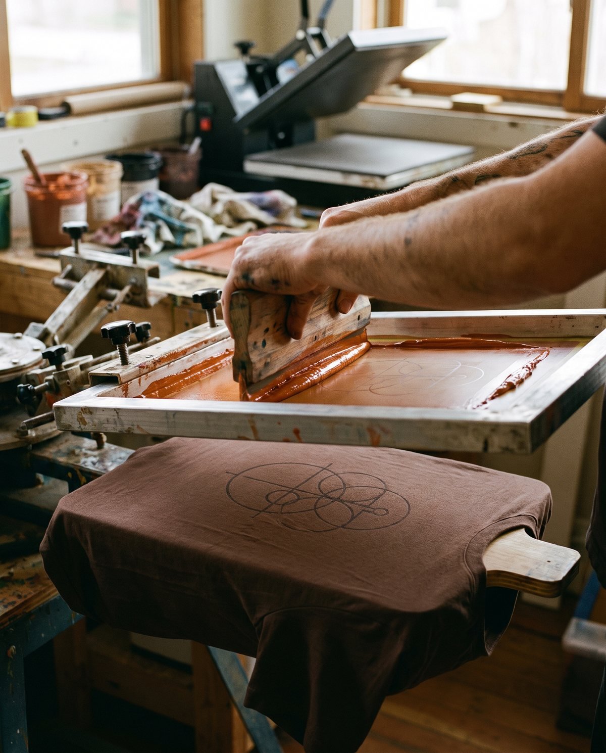 Concept visual: a squeegee pulling burnt-orange ink across a screen over a brown t-shirt on a manual press