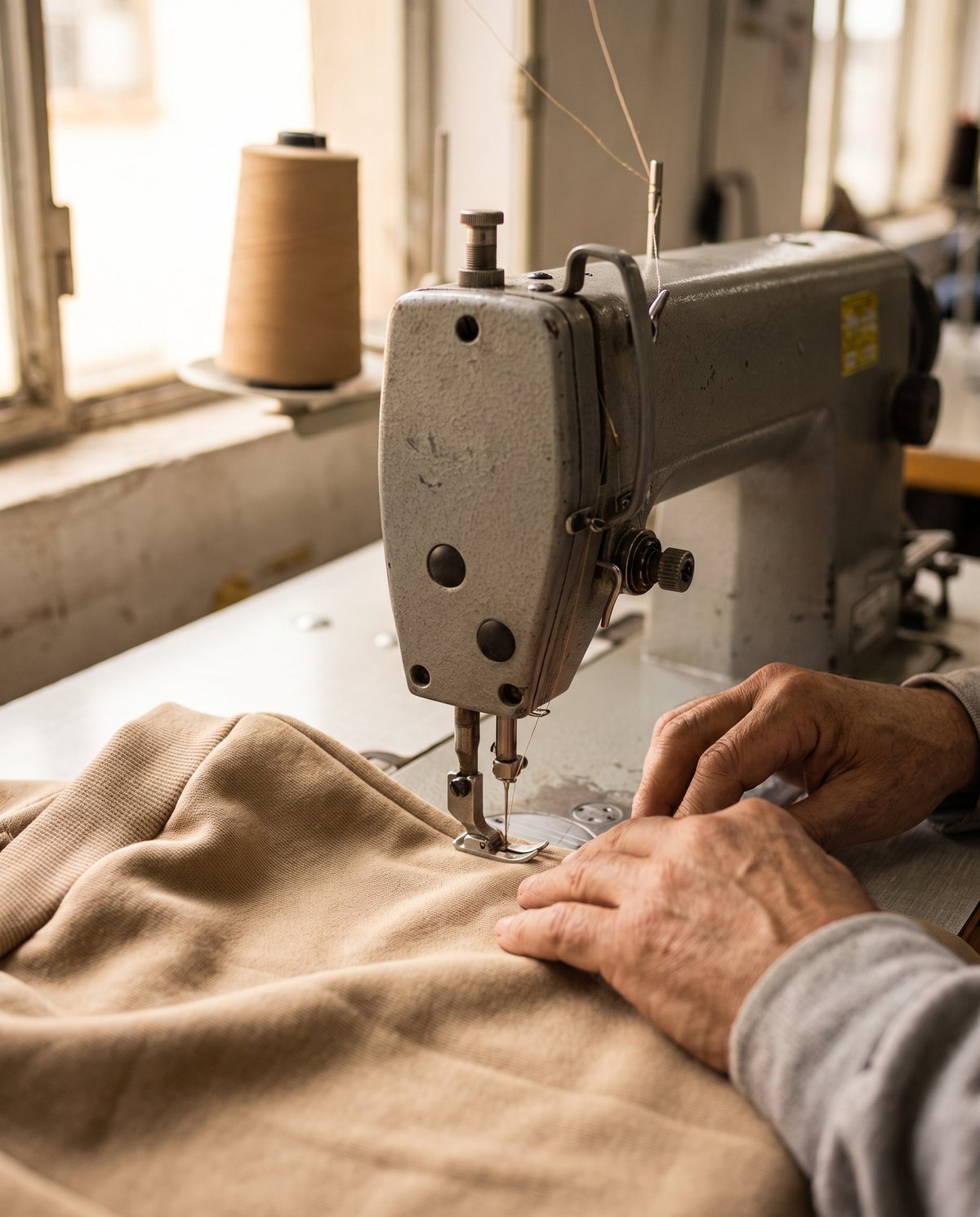 Concept visual: an industrial sewing machine stitching the hem of sand-coloured jersey, hands guiding the fabric