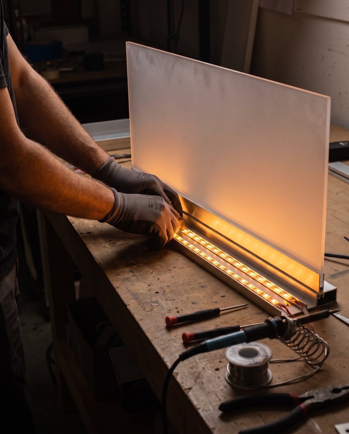 Concept visual: an acrylic backlit sign panel being assembled with LED strips on a workbench