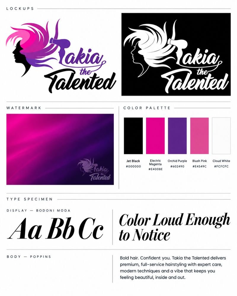 Takia the Talented brand board — full-colour and reversed script lockups, watermark on a magenta gradient, five-colour palette and Bodoni Moda / Poppins type specimen