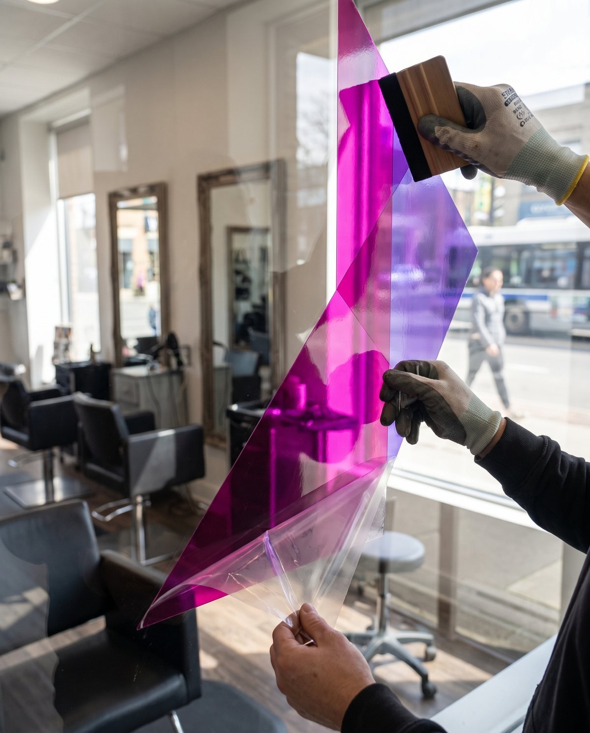 Concept visual: hands squeegeeing cut vinyl lettering onto the inside of a salon window
