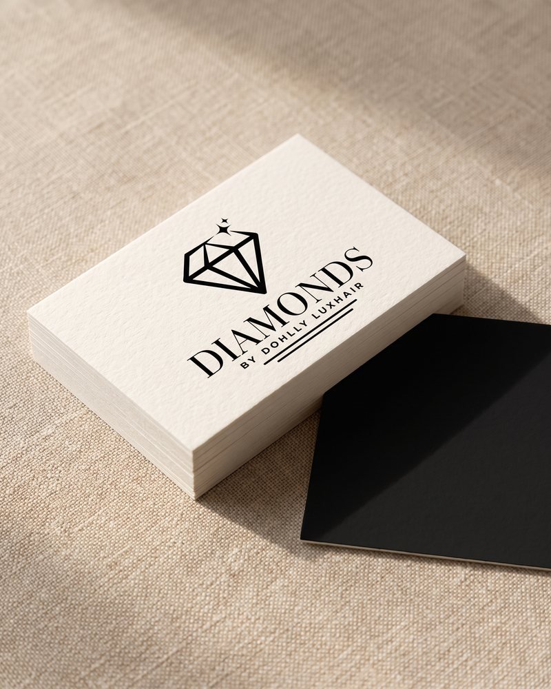 Mockup of the Diamonds by Dohlly Luxhair logo printed on ivory business cards