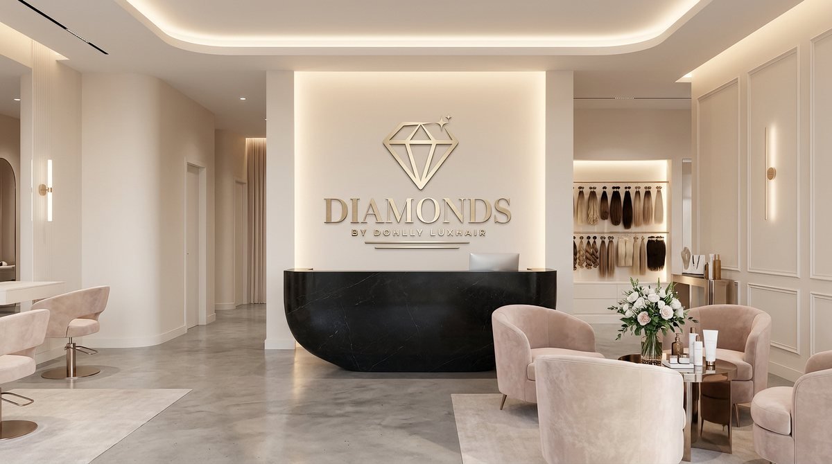 Mockup of the Diamonds by Dohlly Luxhair logo as gold letters on a salon reception wall
