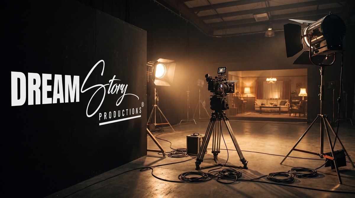 Mockup of the Dream Story Productions logo painted in white on a black wall in a film studio