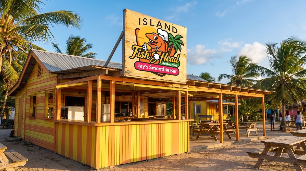 Mockup of the Island Fish Head and Jay's Smoothie Bar logo on the sign of a Caribbean roadside restaurant