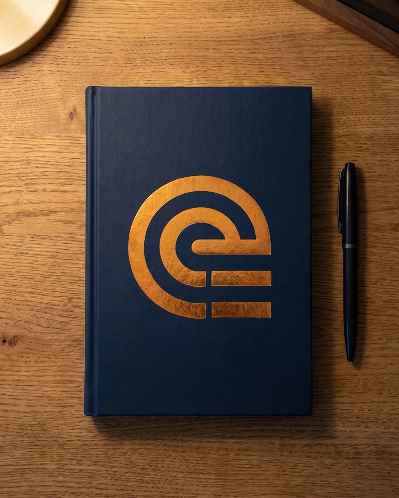 Mockup of the SignalStack symbol foil-stamped on a navy notebook