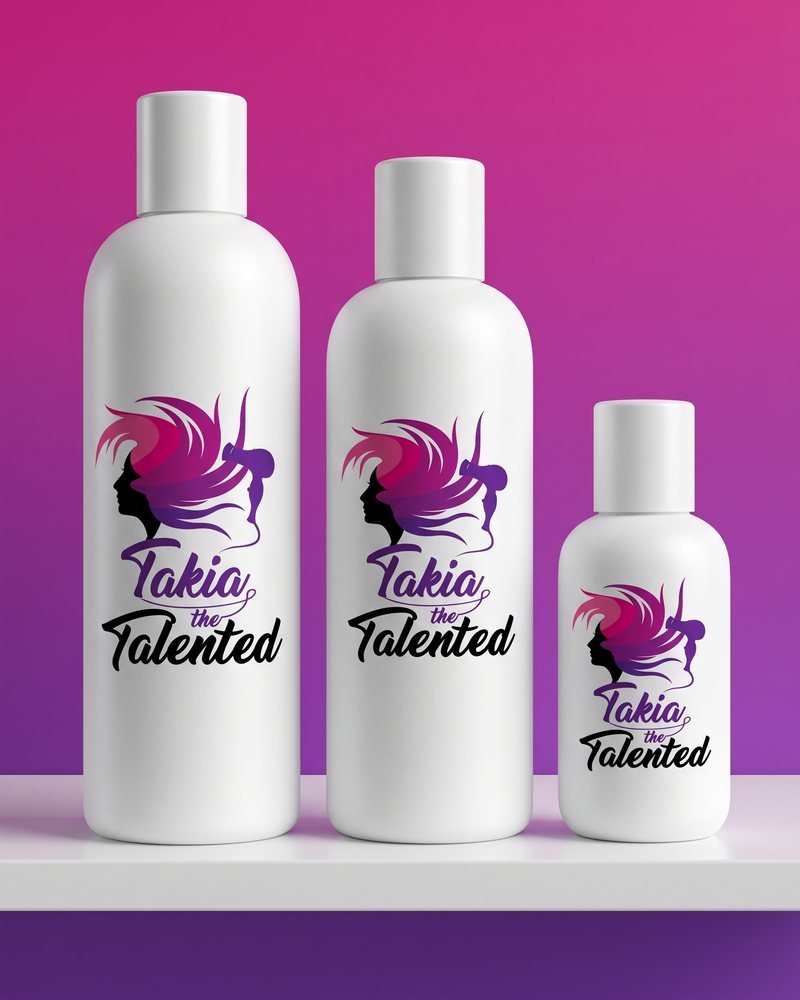 Mockup of the Takia the Talented logo on white hair-care bottles