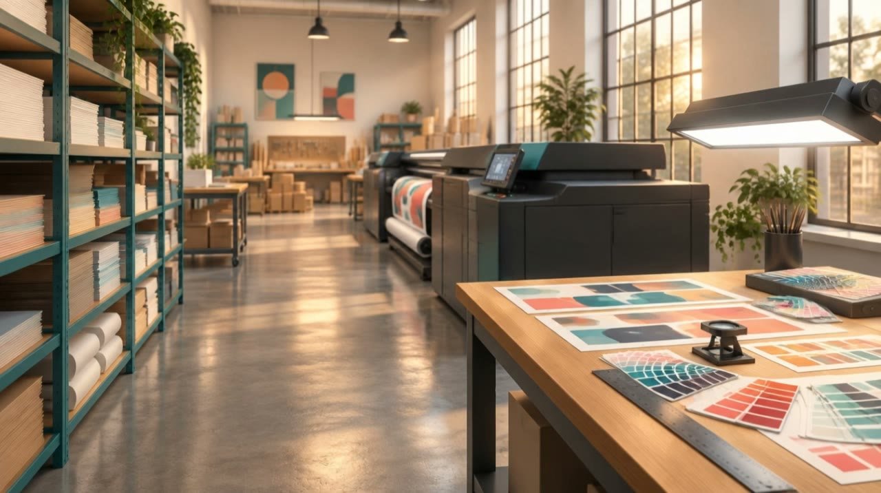 Dalc's in-house print studio: proofing desk, digital press, wide-format printer and packaging tables in warm window light
